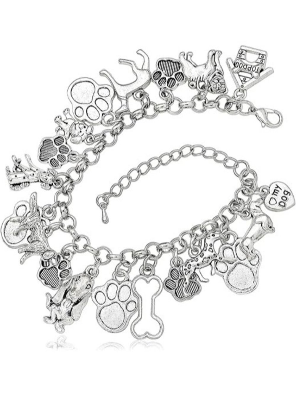 Vintage Silver Cute Dogs Pet Theme Link Chain Charm Bracelet
